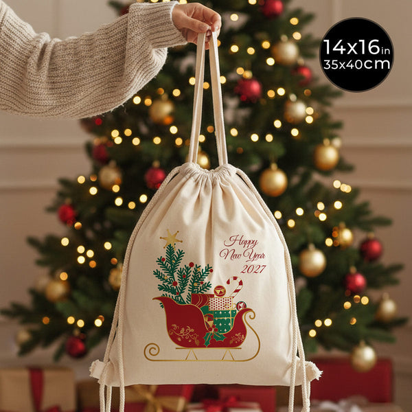 Sac à dos à cordon de Noël 35 × 40 cm – coton naturel avec cordon et motif traîneau Happy New Year 2027 – Pamusan.fr