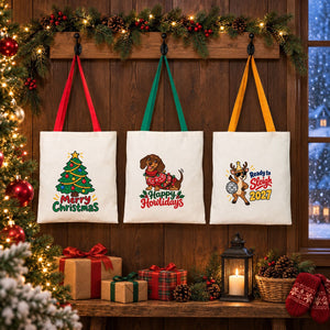 Grand sac cadeau de Noël en coton – tote bag naturel 35 × 40 cm, anses rouges, vertes ou moutarde, 9 motifs Noël & Nouvel An 2027 - Pamusan.fr