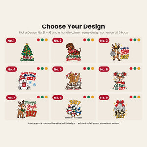 Grand sac cadeau de Noël en coton – tote bag naturel 35 × 40 cm, anses rouges, vertes ou moutarde, 9 motifs Noël & Nouvel An 2027 - Pamusan.fr