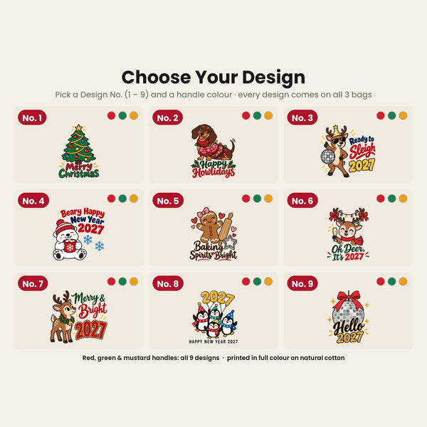 Grand sac cadeau de Noël en coton – tote bag naturel 35 × 40 cm, anses rouges, vertes ou moutarde, 9 motifs Noël & Nouvel An 2027 - Pamusan.fr