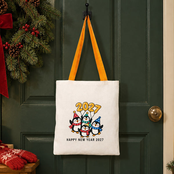 Grand sac cadeau de Noël en coton – tote bag naturel 35 × 40 cm, anses rouges, vertes ou moutarde, 9 motifs Noël & Nouvel An 2027 - Pamusan.fr