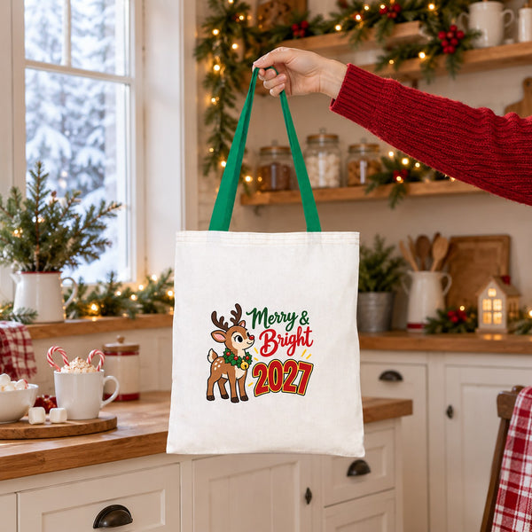 Grand sac cadeau de Noël en coton – tote bag naturel 35 × 40 cm, anses rouges, vertes ou moutarde, 9 motifs Noël & Nouvel An 2027 - Pamusan.fr