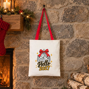 Grand sac cadeau de Noël en coton – tote bag naturel 35 × 40 cm, anses rouges, vertes ou moutarde, 9 motifs Noël & Nouvel An 2027 - Pamusan.fr