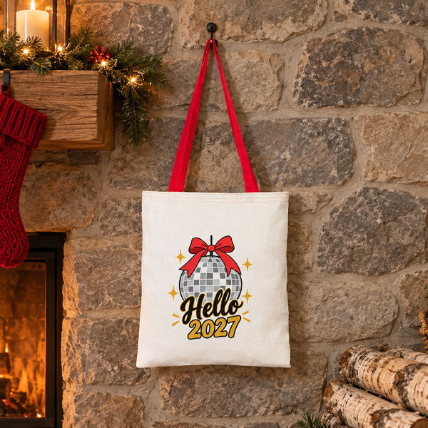 Grand sac cadeau de Noël en coton – tote bag naturel 35 × 40 cm, anses rouges, vertes ou moutarde, 9 motifs Noël & Nouvel An 2027 - Pamusan.fr