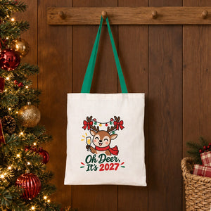 Grand sac cadeau de Noël en coton – tote bag naturel 35 × 40 cm, anses rouges, vertes ou moutarde, 9 motifs Noël & Nouvel An 2027 - Pamusan.fr