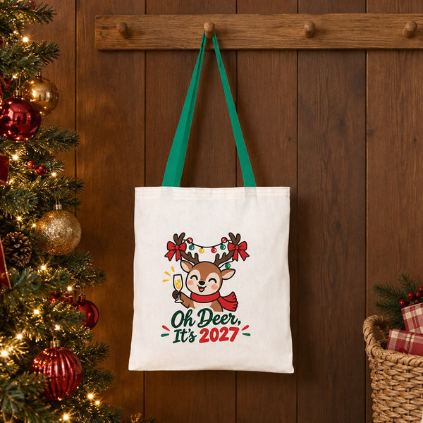 Grand sac cadeau de Noël en coton – tote bag naturel 35 × 40 cm, anses rouges, vertes ou moutarde, 9 motifs Noël & Nouvel An 2027 - Pamusan.fr