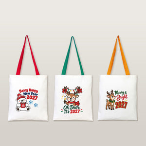 Grand sac cadeau de Noël en coton – tote bag naturel 35 × 40 cm, anses rouges, vertes ou moutarde, 9 motifs Noël & Nouvel An 2027 - Pamusan.fr