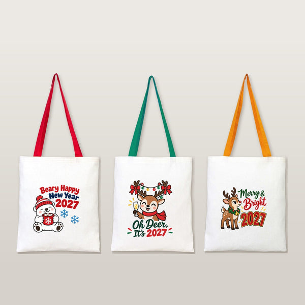 Grand sac cadeau de Noël en coton – tote bag naturel 35 × 40 cm, anses rouges, vertes ou moutarde, 9 motifs Noël & Nouvel An 2027 - Pamusan.fr