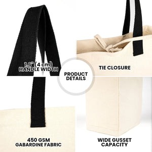 Détails produit : anses de 4 cm de large, fermeture à lien, coton gabardine 450 g/m² et soufflet profond