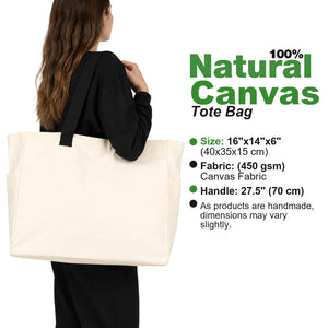 Fiche technique du tote bag 100 % coton : 40 x 35 x 15 cm, gabardine 450 g/m², anses de 70 cm