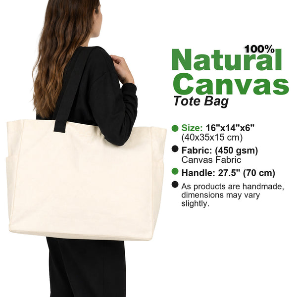 Fiche technique du tote bag 100 % coton : 40 x 35 x 15 cm, gabardine 450 g/m², anses de 70 cm