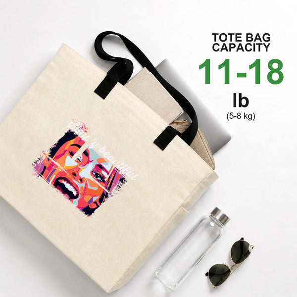 Tote bag imprimé d’une capacité de 5-8 kg contenant un ordinateur portable, une gourde et des lunettes