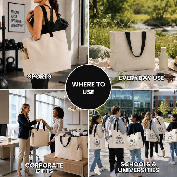 Utilisations du grand tote bag en coton : sport, quotidien, cadeaux d’entreprise, écoles et universités