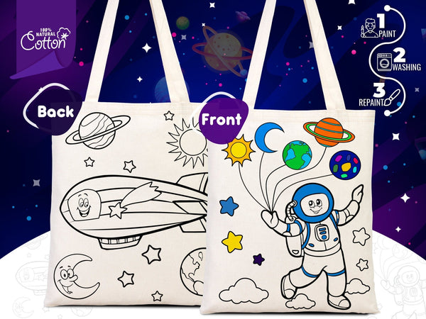 Tote bag en coton à colorier soi-même avec astronaute et zeppelin pour activités créatives en classe