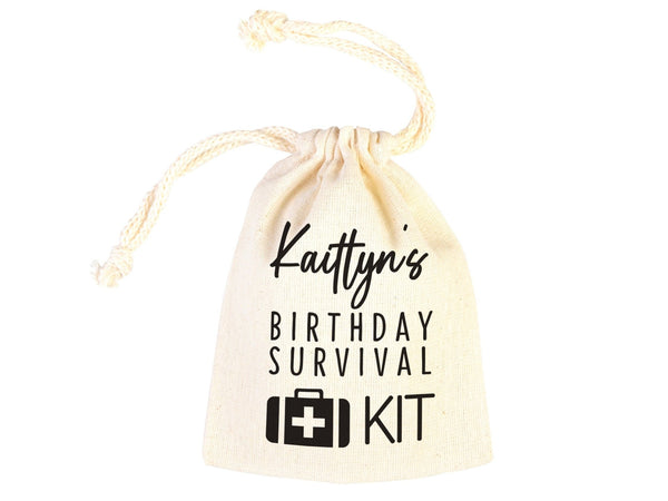 Birthday Survival Kit Bags – Custom Name Print Cotton Drawstring Pouch — print detail | Pamusan