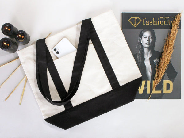 Black Canvas Tote Bag – Large 16"x14"x5", Eco - Friendly & Reusable - Pamusan.com