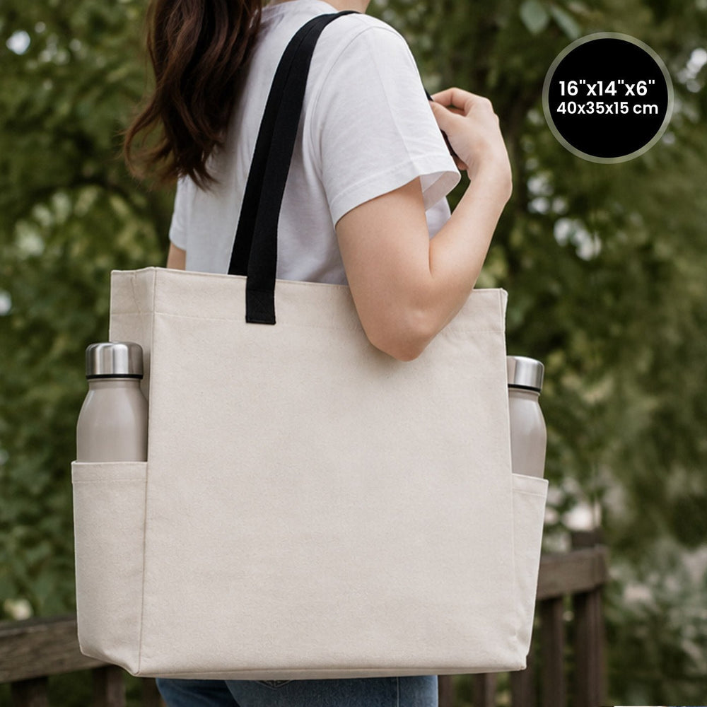 Tote bag vierge 40 x 35 x 15 cm en coton naturel avec anses noires tissées et poches latérales