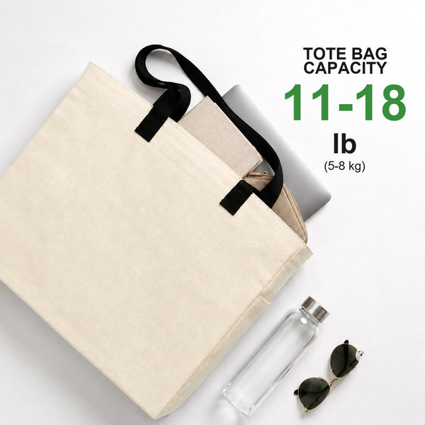 Tote bag vierge d’une capacité de 5-8 kg présenté avec un ordinateur portable, une gourde et des lunettes