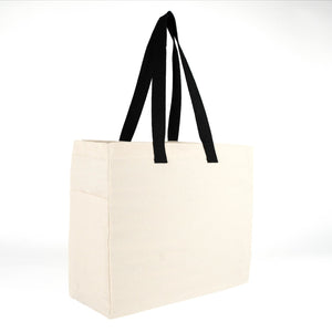 Tote bag vierge vu de côté montrant le soufflet de 15 cm de profondeur