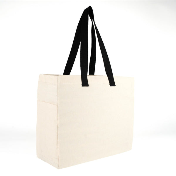 Tote bag vierge vu de côté montrant le soufflet de 15 cm de profondeur