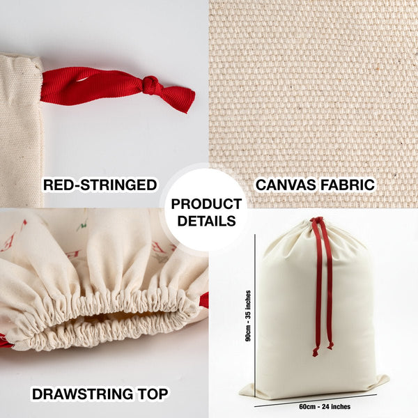 Santa sack product details: 320 gsm cotton canvas, red drawstring top and 60x90 cm (24x35 inch) size