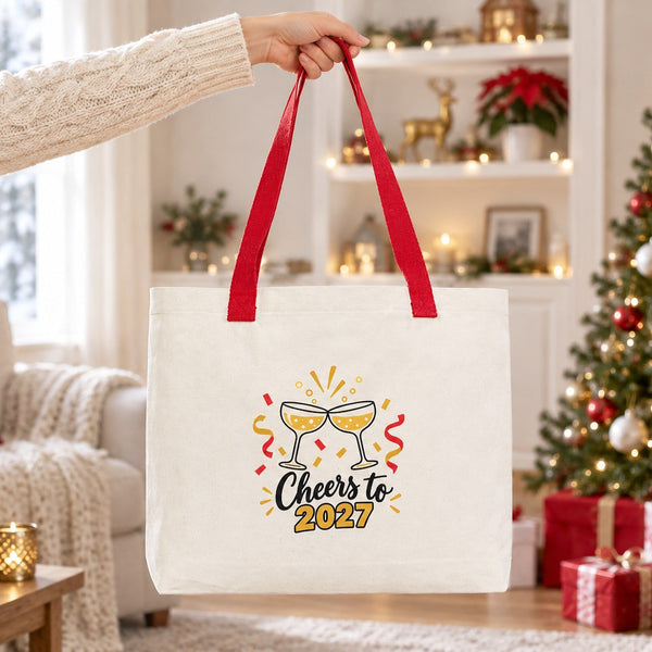 Sac cabas de Noël en toile – anses tricotées beige, rouges ou noires, 45 × 35 × 8 cm, 9 motifs Happy New Year 2027 – coton 320 g/m² - Pamusan.fr