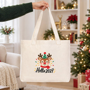 Sac cabas de Noël en toile – anses tricotées beige, rouges ou noires, 45 × 35 × 8 cm, 9 motifs Happy New Year 2027 – coton 320 g/m² - Pamusan.fr
