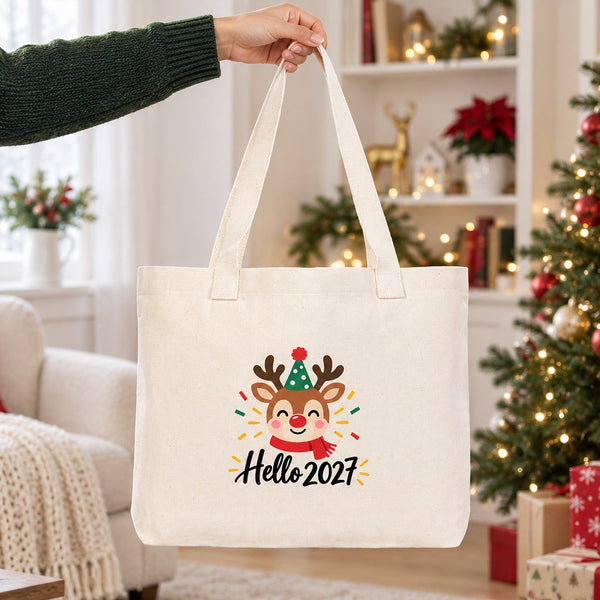 Sac cabas de Noël en toile – anses tricotées beige, rouges ou noires, 45 × 35 × 8 cm, 9 motifs Happy New Year 2027 – coton 320 g/m² - Pamusan.fr