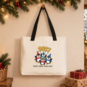 Sac cabas de Noël en toile – anses tricotées beige, rouges ou noires, 45 × 35 × 8 cm, 9 motifs Happy New Year 2027 – coton 320 g/m² - Pamusan.fr