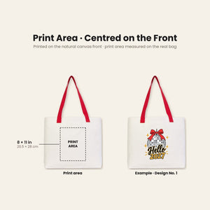Sac cabas de Noël en toile – anses tricotées beige, rouges ou noires, 45 × 35 × 8 cm, 9 motifs Happy New Year 2027 – coton 320 g/m² - Pamusan.fr