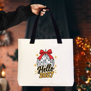 Sac cabas de Noël en toile – anses tricotées beige, rouges ou noires, 45 × 35 × 8 cm, 9 motifs Happy New Year 2027 – coton 320 g/m² - Pamusan.fr