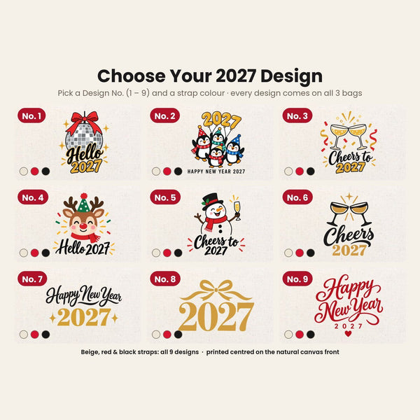 Sac cabas de Noël en toile – anses tricotées beige, rouges ou noires, 45 × 35 × 8 cm, 9 motifs Happy New Year 2027 – coton 320 g/m² - Pamusan.fr