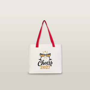 Sac cabas de Noël en toile – anses tricotées beige, rouges ou noires, 45 × 35 × 8 cm, 9 motifs Happy New Year 2027 – coton 320 g/m² - Pamusan.fr
