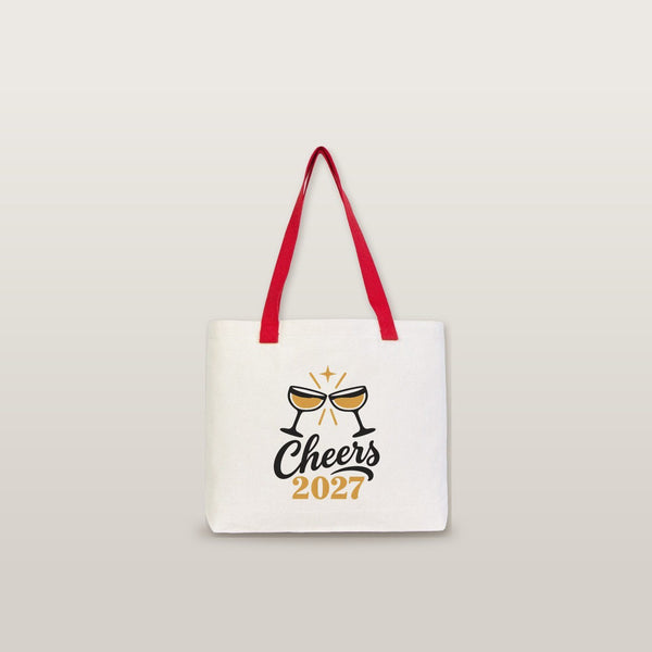 Sac cabas de Noël en toile – anses tricotées beige, rouges ou noires, 45 × 35 × 8 cm, 9 motifs Happy New Year 2027 – coton 320 g/m² - Pamusan.fr