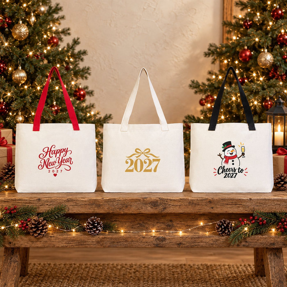 Sac cabas de Noël en toile – anses tricotées beige, rouges ou noires, 45 × 35 × 8 cm, 18 motifs Happy New Year 2027 – coton 320 g/m² - Pamusan.fr