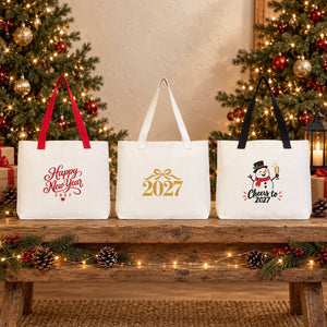Sac cabas de Noël en toile – anses tricotées beige, rouges ou noires, 45 × 35 × 8 cm, 9 motifs Happy New Year 2027 – coton 320 g/m² - Pamusan.fr