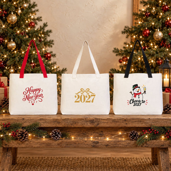 Sac cabas de Noël en toile – anses tricotées beige, rouges ou noires, 45 × 35 × 8 cm, 9 motifs Happy New Year 2027 – coton 320 g/m² - Pamusan.fr