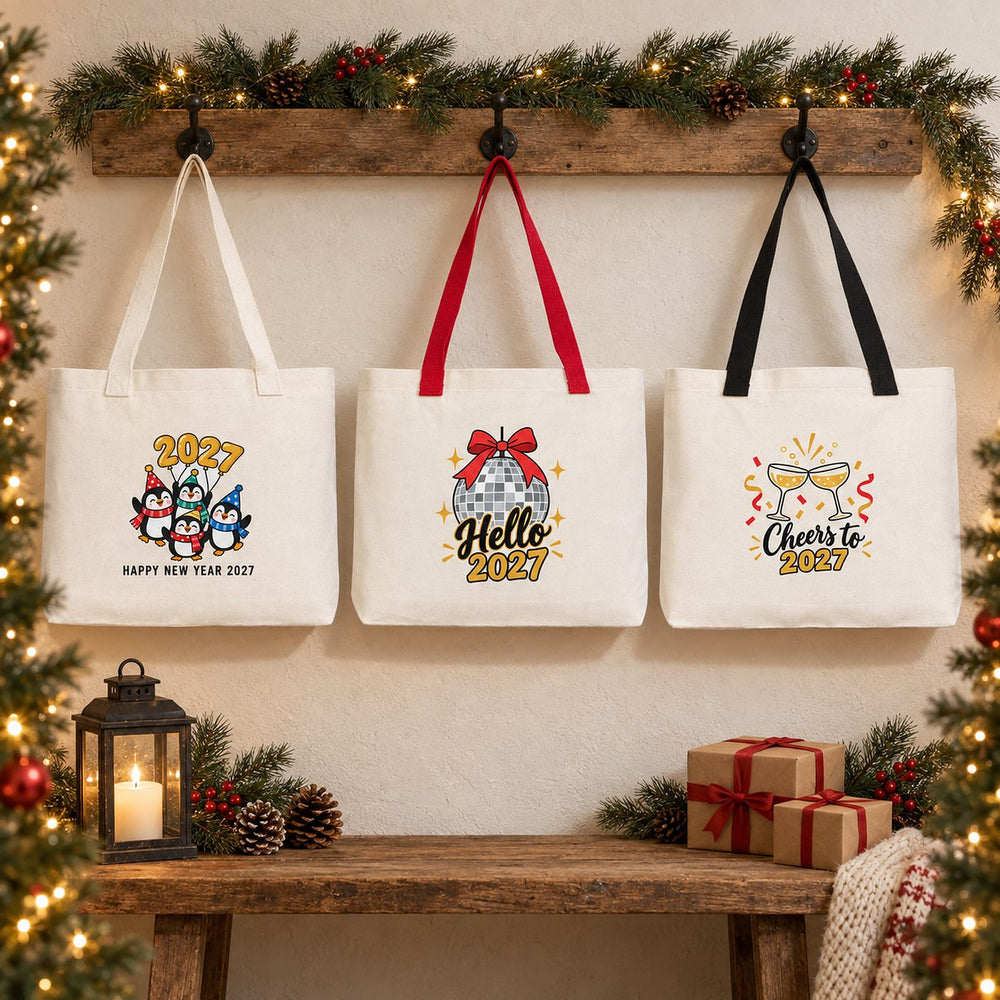 Sac cabas de Noël en toile – anses tricotées beige, rouges ou noires, 45 × 35 × 8 cm, 18 motifs Happy New Year 2027 – coton 320 g/m² - Pamusan.fr