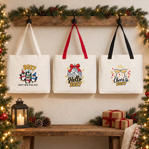 Sac cabas de Noël en toile – anses tricotées beige, rouges ou noires, 45 × 35 × 8 cm, 9 motifs Happy New Year 2027 – coton 320 g/m² - Pamusan.fr