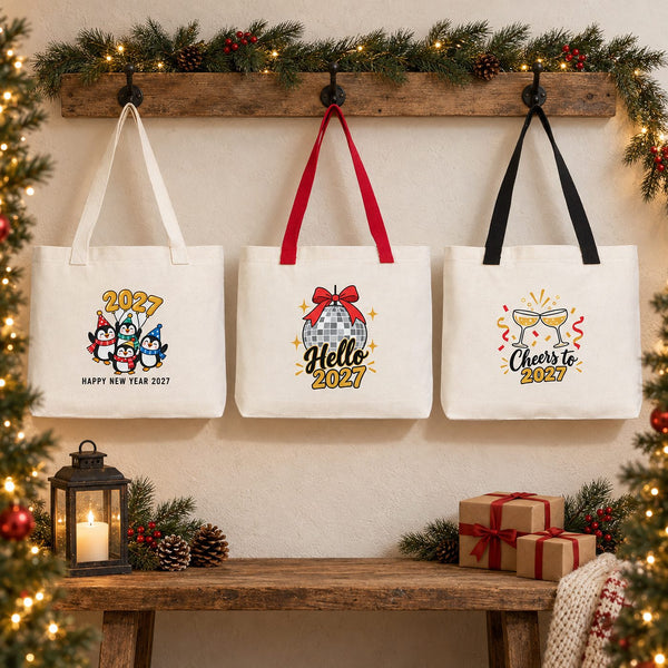 Sac cabas de Noël en toile – anses tricotées beige, rouges ou noires, 45 × 35 × 8 cm, 9 motifs Happy New Year 2027 – coton 320 g/m² - Pamusan.fr