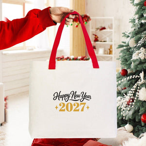 Sac cabas de Noël en toile – anses tricotées beige, rouges ou noires, 45 × 35 × 8 cm, 9 motifs Happy New Year 2027 – coton 320 g/m² - Pamusan.fr