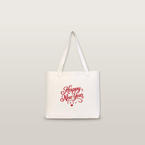 Sac cabas de Noël en toile – anses tricotées beige, rouges ou noires, 45 × 35 × 8 cm, 9 motifs Happy New Year 2027 – coton 320 g/m² - Pamusan.fr