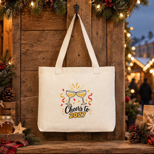Sac cabas de Noël en toile – anses tricotées beige, rouges ou noires, 45 × 35 × 8 cm, 9 motifs Happy New Year 2027 – coton 320 g/m² - Pamusan.fr