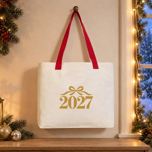 Sac cabas de Noël en toile – anses tricotées beige, rouges ou noires, 45 × 35 × 8 cm, 9 motifs Happy New Year 2027 – coton 320 g/m² - Pamusan.fr
