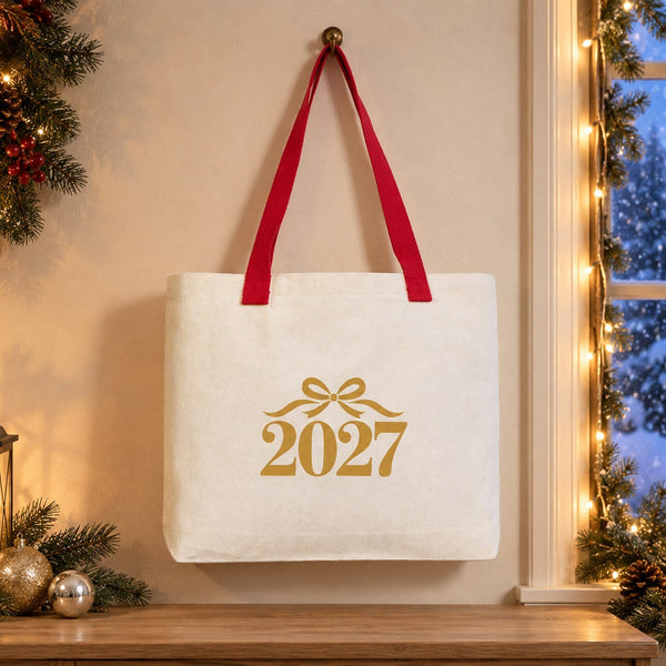 Sac cabas de Noël en toile – anses tricotées beige, rouges ou noires, 45 × 35 × 8 cm, 9 motifs Happy New Year 2027 – coton 320 g/m² - Pamusan.fr