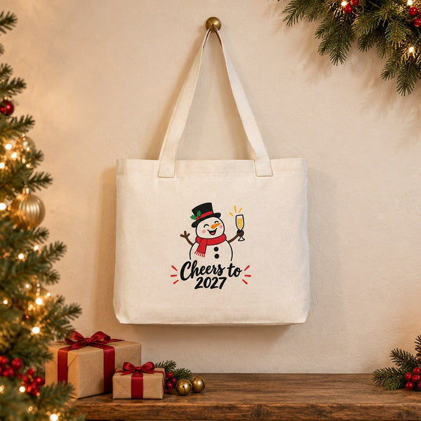 Sac cabas de Noël en toile – anses tricotées beige, rouges ou noires, 45 × 35 × 8 cm, 9 motifs Happy New Year 2027 – coton 320 g/m² - Pamusan.fr