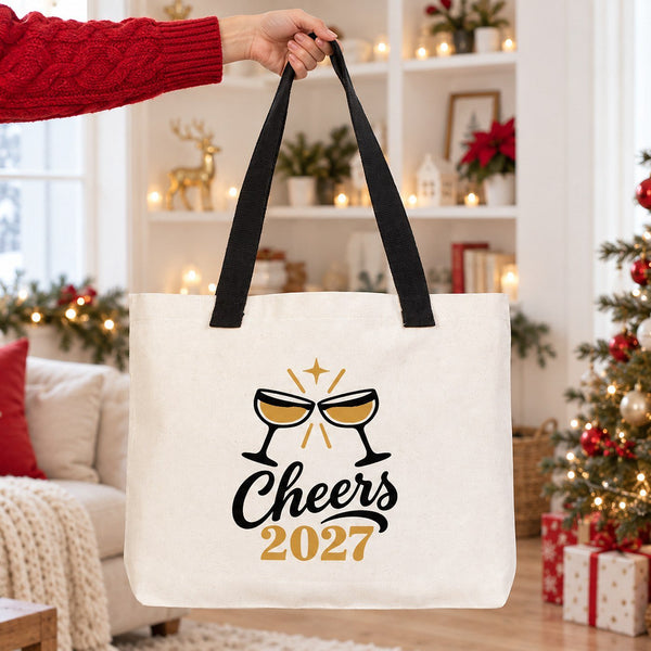 Sac cabas de Noël en toile – anses tricotées beige, rouges ou noires, 45 × 35 × 8 cm, 9 motifs Happy New Year 2027 – coton 320 g/m² - Pamusan.fr