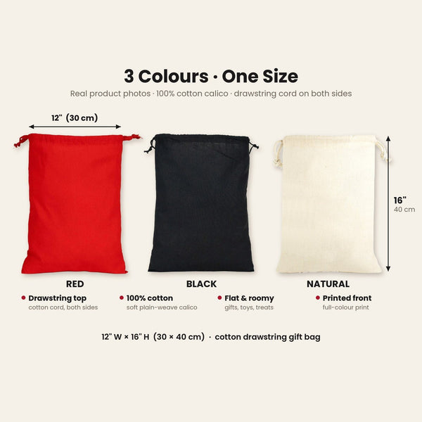 Pochon de Noël en tissu – sac cadeau à cordon 30 × 40 cm rouge, noir ou naturel, 9 motifs Noël & Nouvel An 2027 – coton - Pamusan.fr