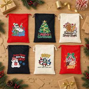 Pochon de Noël en tissu – sac cadeau à cordon 30 × 40 cm rouge, noir ou naturel, 9 motifs Noël & Nouvel An 2027 – coton - Pamusan.fr