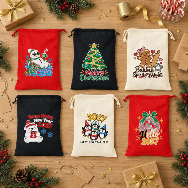 Pochon de Noël en tissu – sac cadeau à cordon 30 × 40 cm rouge, noir ou naturel, 9 motifs Noël & Nouvel An 2027 – coton - Pamusan.fr